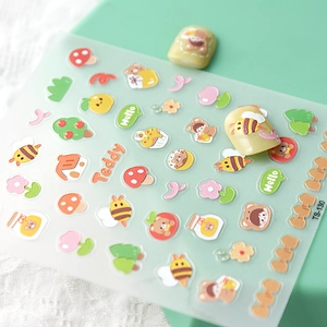 Detailed view of TS-130 5D embossed nail stickers with teddy bear and mushroom designs