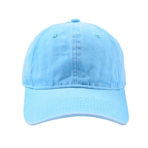 Detail view of light blue washed cotton baseball cap with classic six-panel construction