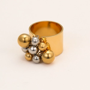 Minimalist wide 18k gold stainless steel ring with hanging gold and silver beads charm