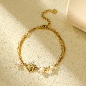 18K gold plated sunflower pendant bracelet with white pearls and sparkling cubic zirconia