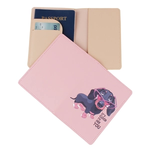 Pink PU leather passport holder featuring dachshund pattern and inner card slots