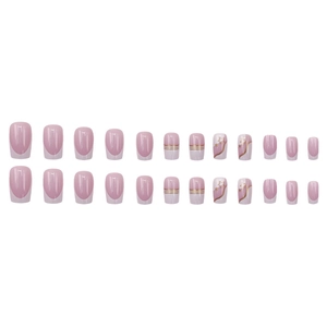 French tip press-on nails in white and pink with metallic gold stars and stripes