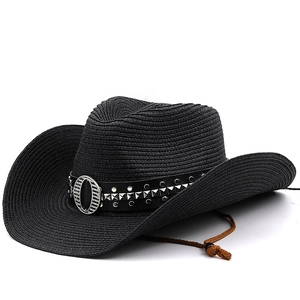 Classic black straw cowboy hat with metallic studded band and adjustable chin strap