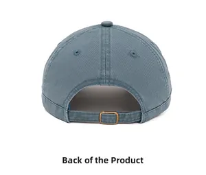 Back view of blue-grey corduroy baseball cap with an adjustable metal strap buckle
