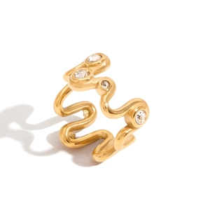 Bague vague dorée élégante avec cinq zircons étincelants en acier inoxydable chic