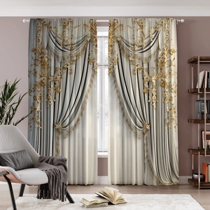Luxury 2-piece beige curtains with 3D digital gold floral print and elegant valance