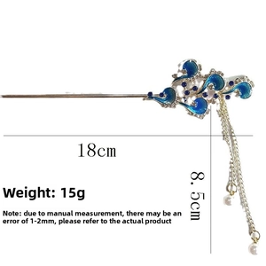 Blue enamel phoenix hair pin with tassels and pearls featuring 18cm length dimensions
