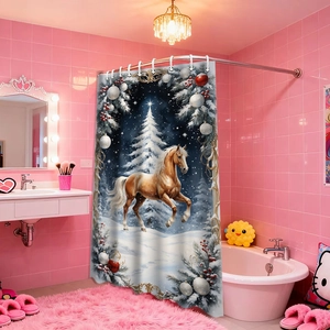Detailed view of Christmas shower curtain with galloping horse and winter forest print
