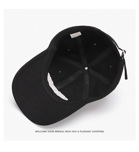 Detail view of cotton baseball cap interior showing white wash label and sweatband