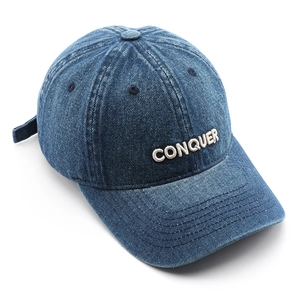 Classic dark blue denim baseball cap featuring white CONQUER embroidery on crown