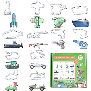 Set of 12 stainless steel cookie cutters featuring vehicle shapes and colorful cookies