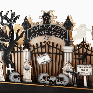 Lighted wooden Halloween graveyard decor with Forsaken Cemetery engraving
