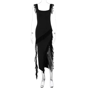 Detail of ruffle trim and side slit on this sexy black slim fit evening dress