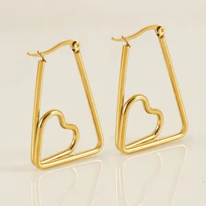 Minimalist gold-plated stainless steel hoop earrings featuring geometric trapezoid and heart