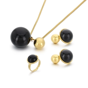 Minimalist 18K gold plated jewelry set featuring black spherical beads on a snake chain