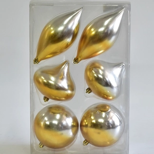 6-pack of gold and silver gradient Christmas ornaments with teardrop and ball shapes