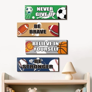 Set of 4 sports wooden wall art featuring basketball football and motivational quotes