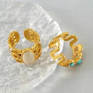Vintage 18k gold plated stainless steel rings with malachite and white oval stones