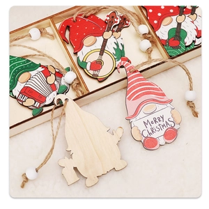 Detailed close-up of colorful wooden Christmas gnomes ornaments with jute twine and beads