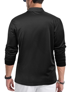 Rear view of men's black long sleeve polo shirt showing the loose fit and mesh fabric