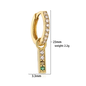 Detail view of gold hoop earrings with zircon rectangle pendant showing 23mm height