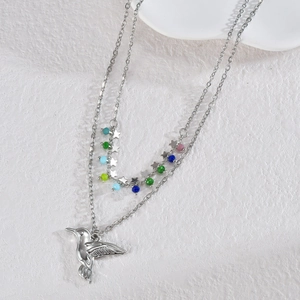 18K gold stainless steel double layer hummingbird necklace with colorful beads and stars