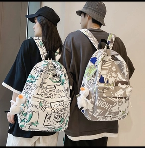 Detail view of graffiti-print waterproof backpacks in black and white street style