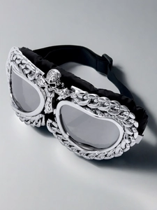 Gothic silver punk goggles with heart-shaped lenses and skull cross metallic details