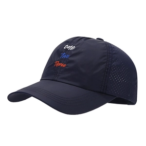 Navy blue breathable quick-dry marathon sports cap with mesh side and letter embroidery