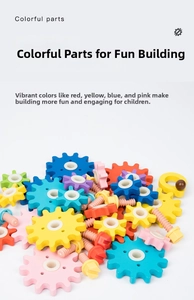 Detailed view of colorful gears, nuts and screws for children's wooden assembly toy