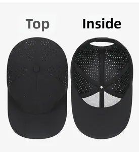 Detail of laser-cut breathable holes and interior stitching on a black hip-hop cap