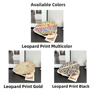 Detailed view of woven leopard print waist bags in colorful, gold, and black styles