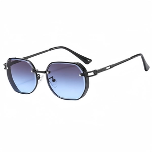 Retro polygon metal sunglasses with black frames and gradient blue lenses for outdoor style