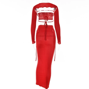 Detailed back view of a red long sleeve backless crop top with lace-up cut-out design