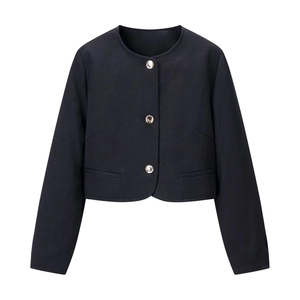 Women Fashion Jacket And Belted High Waist Shorts Outfit Round Neck Gold Buttons Solid Color Casual Chic