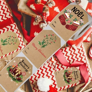 Christmas kraft paper gift tags stickers roll with festive patterns for holiday packaging