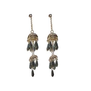 Elegant gold drop earrings with dark grey teardrop pearls and shimmering crystal tassels