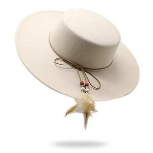 Elegant white wool boater hat featuring decorative feathers and beaded woven band