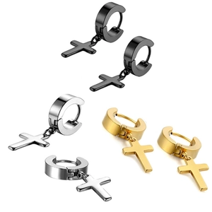 Trend stainless steel cross dangle hoop earrings set in black, silver, and gold finish