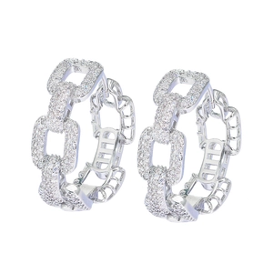 Elegant silver-plated hollow chain link hoop earrings with white cubic zirconia pave
