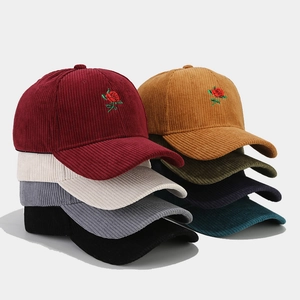 Corduroy baseball caps with rose embroidery in multiple colors for stylish outdoor sun protection