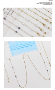 Detail of colorful beaded eyewear chains with evil eye charms and gold lobster clasps