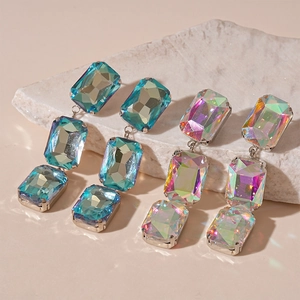 Long Dangle Earrings Linked Rectangular Rhinestone Copper With Silver Earring Post Geometric Iridescent Luxury Style