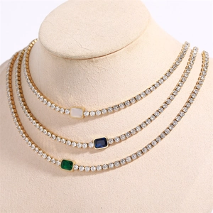 Stainless Steel 18K Gold Plated Tennis Chain Choker Necklace With Emerald Cut Cubic Zirconia Rectangular Stone For Women