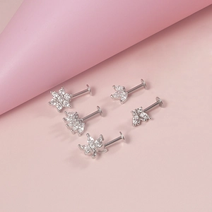 Five silver stainless steel labret studs with crown flower and leaf zircon inlay