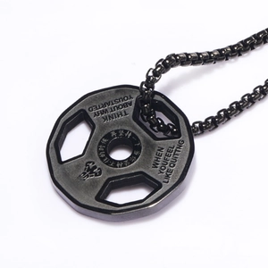 Fitness barbell plate pendant necklace in matte black stainless steel with box chain