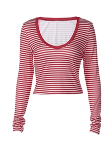 Detail des rot-weiß gestreiften V-Ausschnitt Crop Tops mit schmalem Schnitt und Stretch