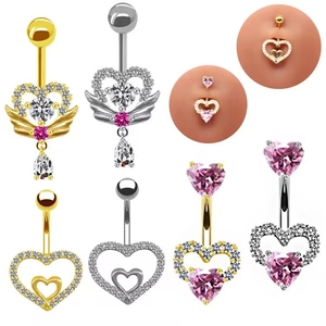 Heart Belly Button Ring Stainless Steel Zircon Wing Dangle Navel Piercing Jewelry For Women Heart Shaped