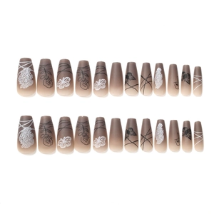 24-piece gradient brown press-on nails with butterfly and flower art in ballet shape