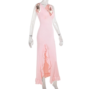 Side view of pink V-neck ruffle dress with high slit on transparent mannequin